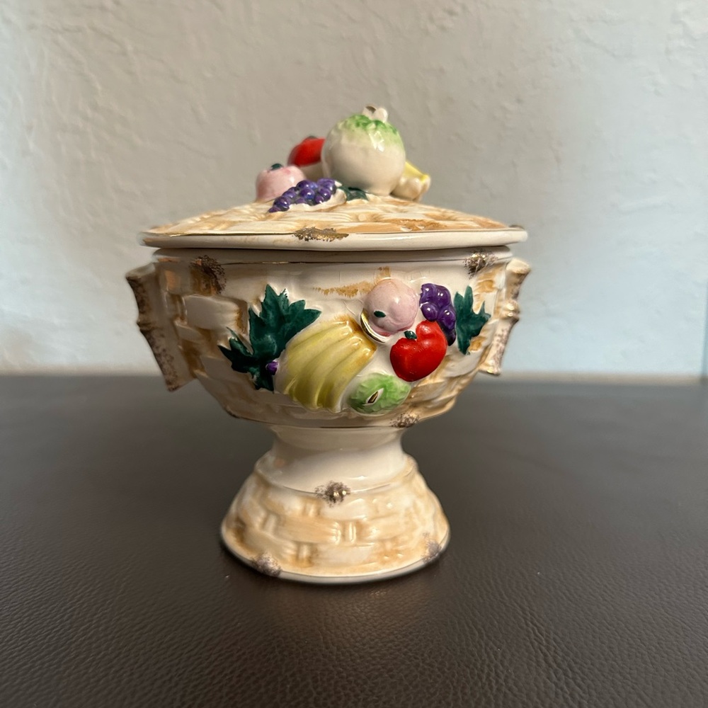 1930s, Japanese Ceramic Raised Compete Bowl w/ Fruit - Basket Weave Pattern